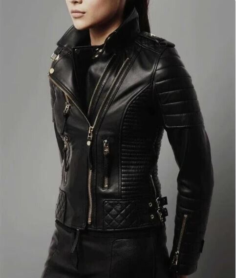 Men genuine leather quilted motorcycle biker jacket slim fit
