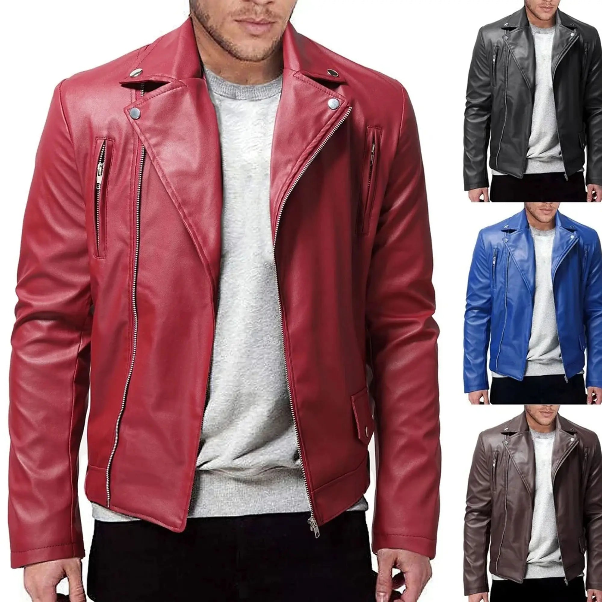 Men leather motorcycle jacket turn down collar front HD view