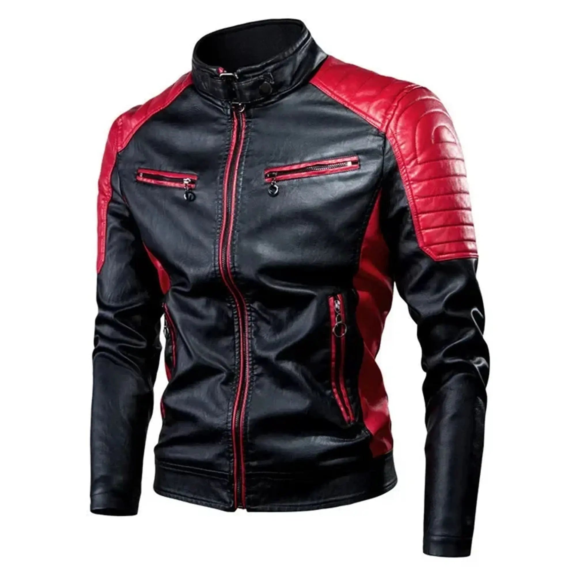 Men motorcycle leather jacket stand collar front view HD