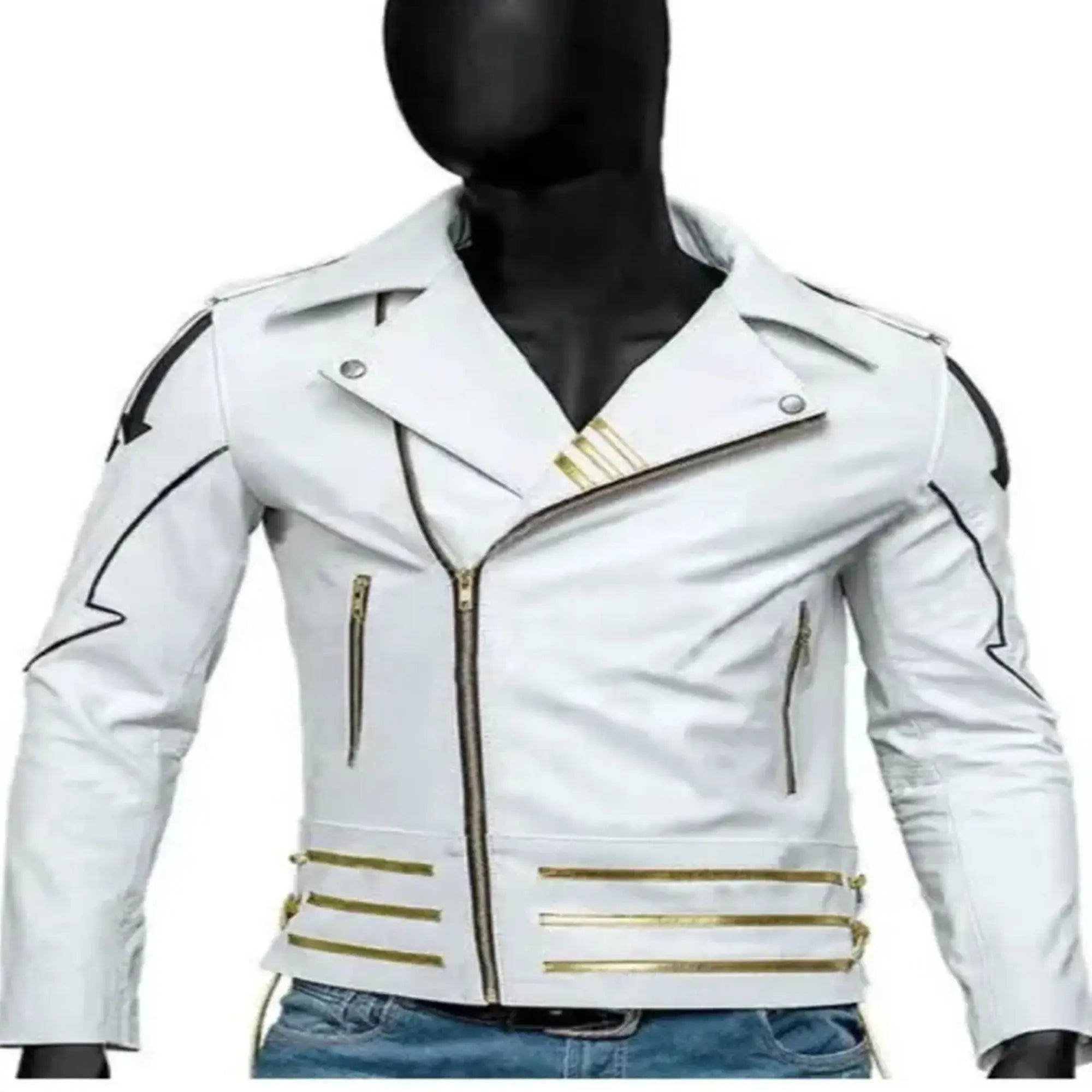 Men pure white leather jacket front clean studio look