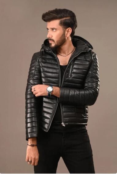 Men quilted genuine leather hooded padded jacket outdoor style