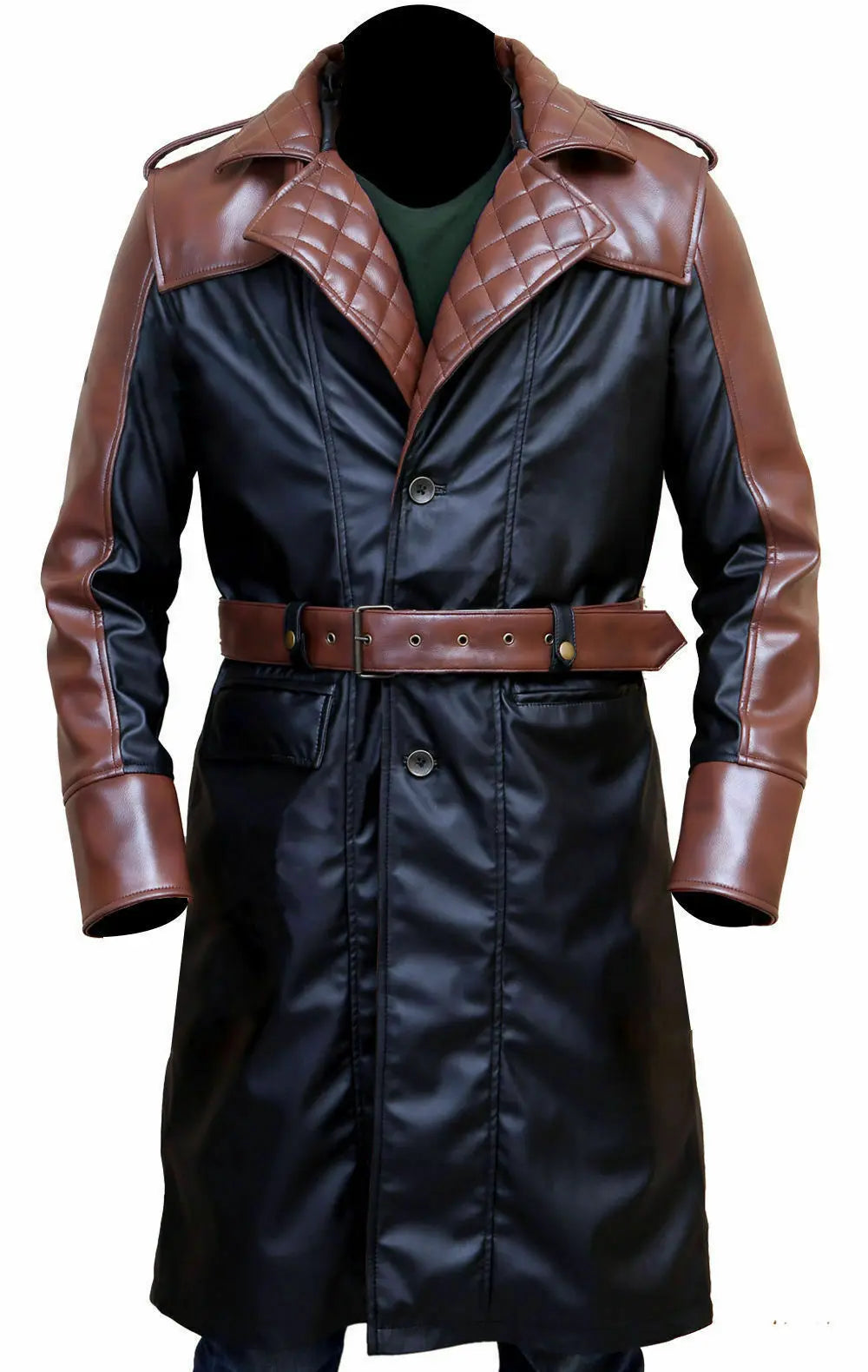 Men quilted leather long trench coat travel outfit full length
