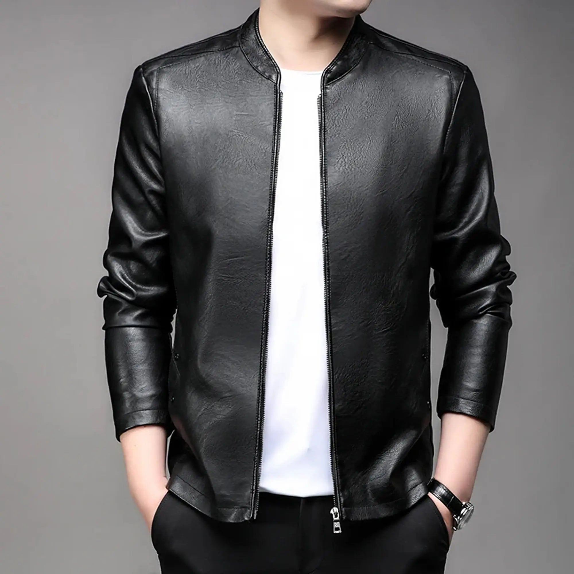 Men real leather biker jacket stand collar front view HD