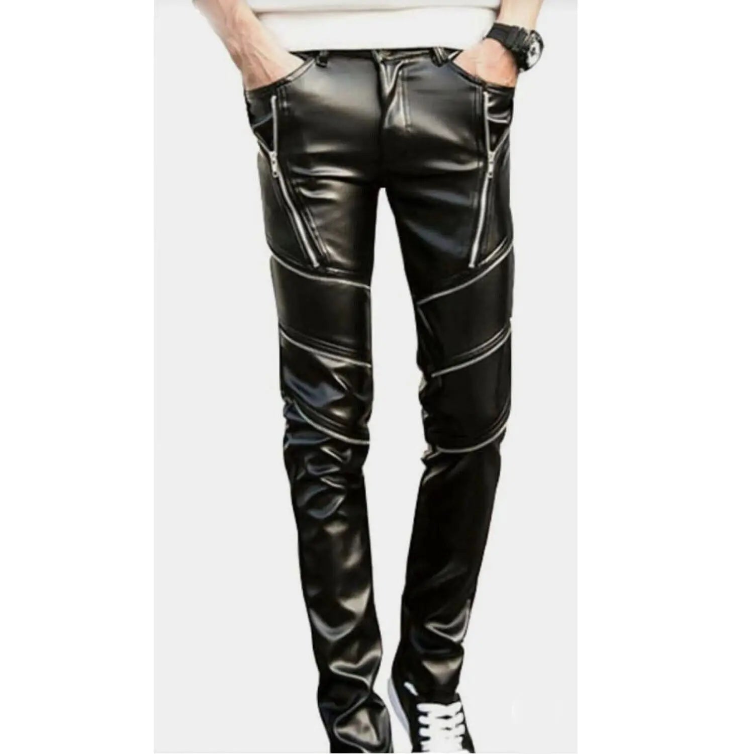 Men real leather biker pants black silver zipper design