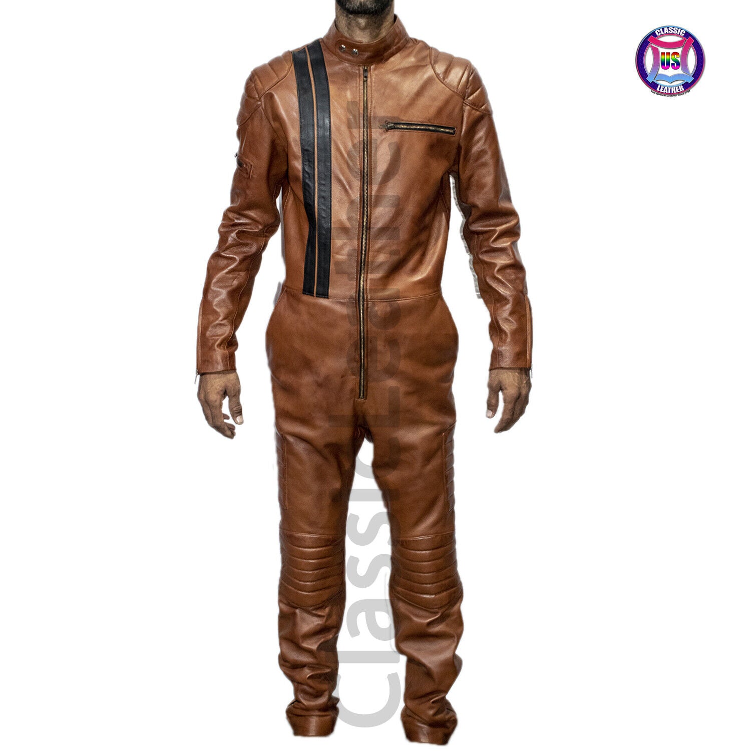 Men real leather brown jumpsuit slim fit catsuit bodysuit