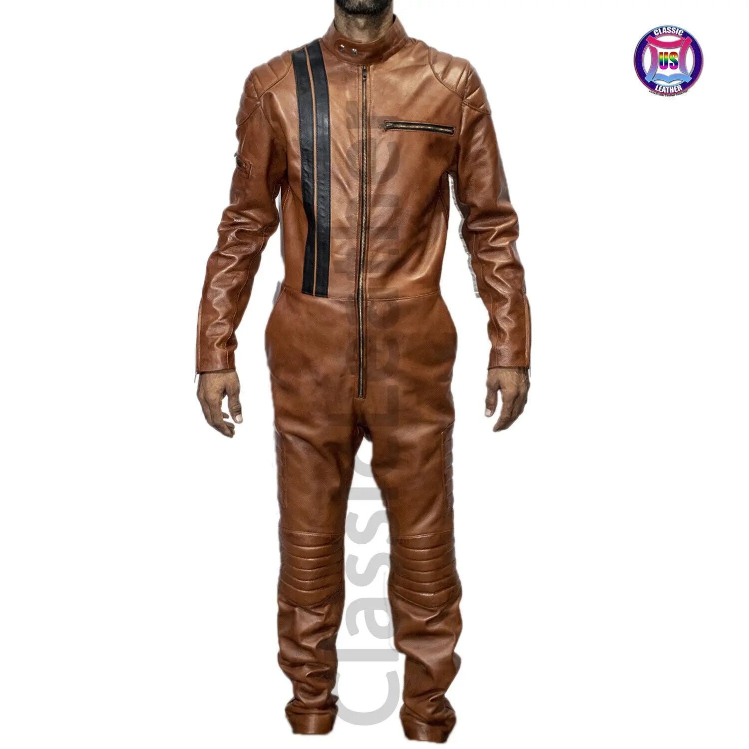 Men real leather brown jumpsuit slim fit catsuit bodysuit
