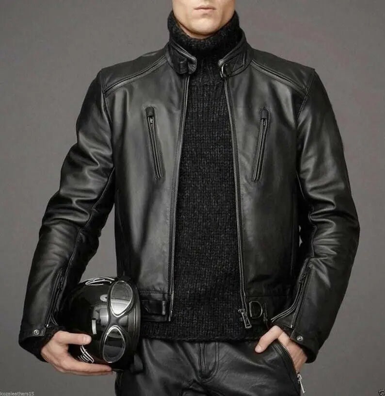 Men real soft leather biker jacket black Air Force style