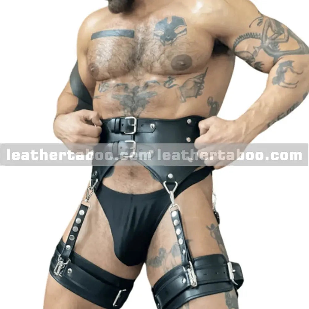 Men's genuine leather corset harness with adjustable thigh straps black leather harness for men