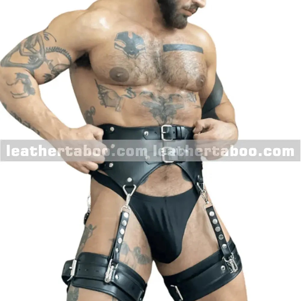 Men's black leather corset harness with thigh straps adjustable genuine leather harness