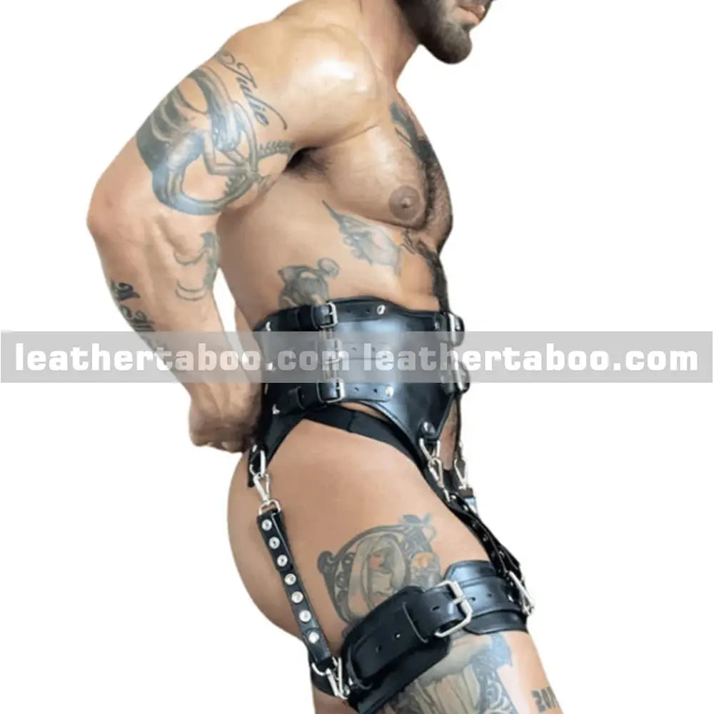 Handmade men's leather corset harness with thigh straps black genuine leather