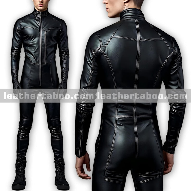 Men's black sheepskin leather jumpsuit with dual stripe piping, full front zip and stand collar, front and back view