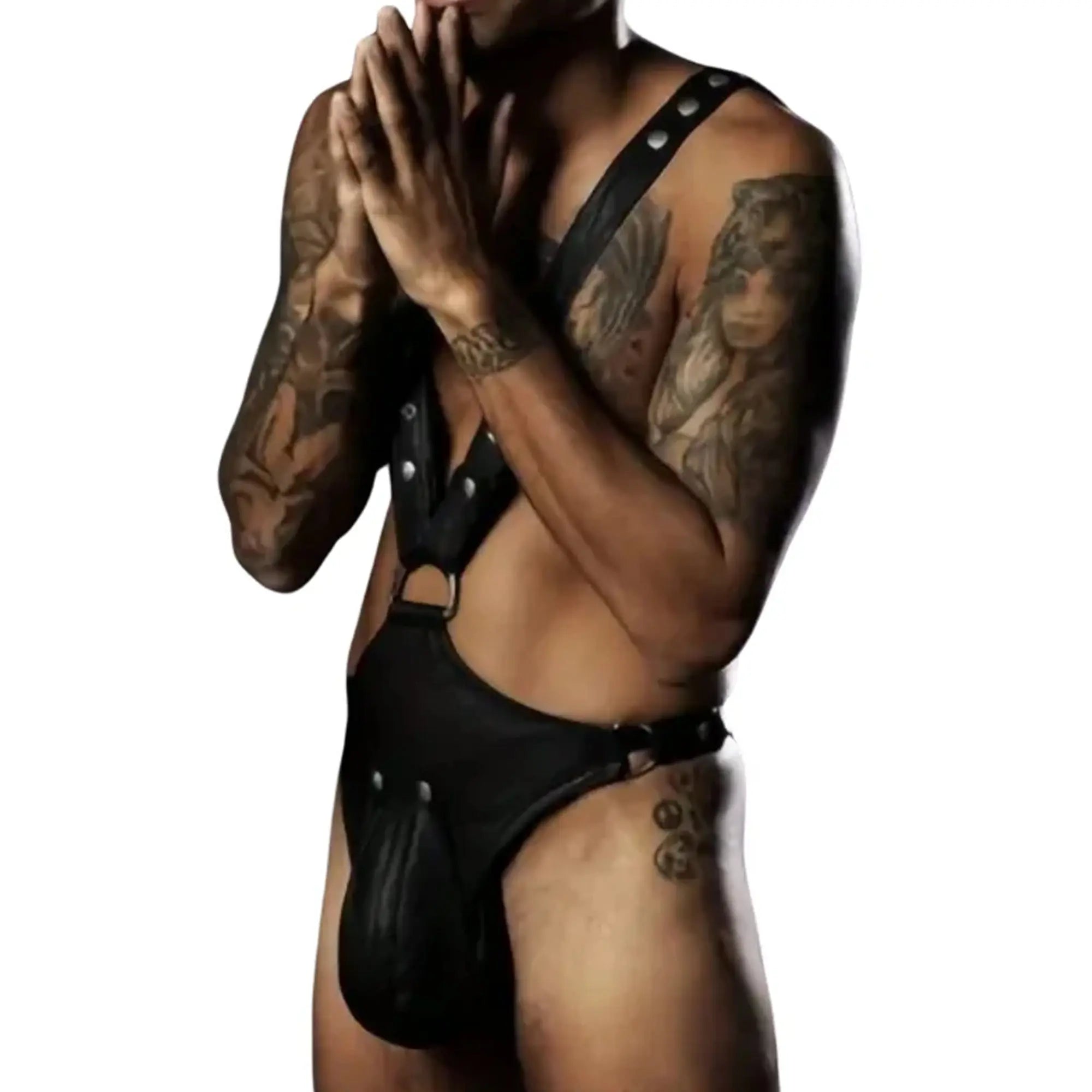 Men's Real Leather Bondage Chest Harness with Chastity Pouch โ Erotic BDSM Leatherwear - Leather taboo