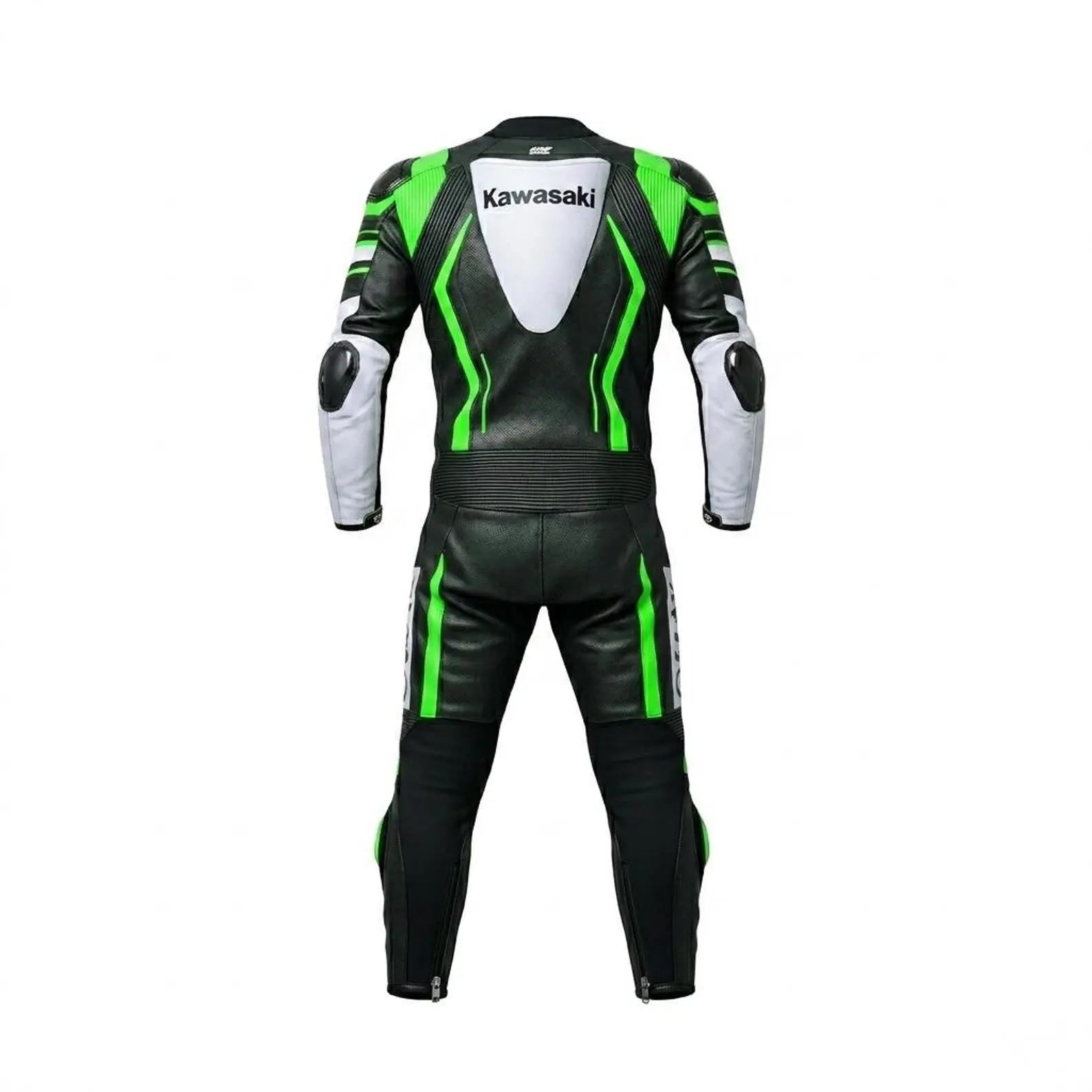 Men’s Kawasaki Ninja motorcycle racing suit featuring CE armor padding and aerodynamic leather biker design