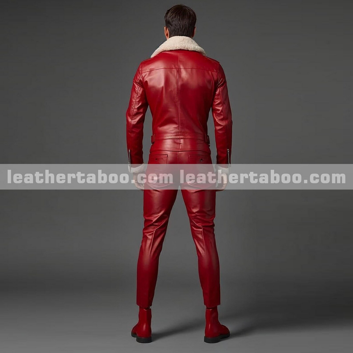 Back view of a men’s red leather one-piece suit with a light faux fur collar and belt.
