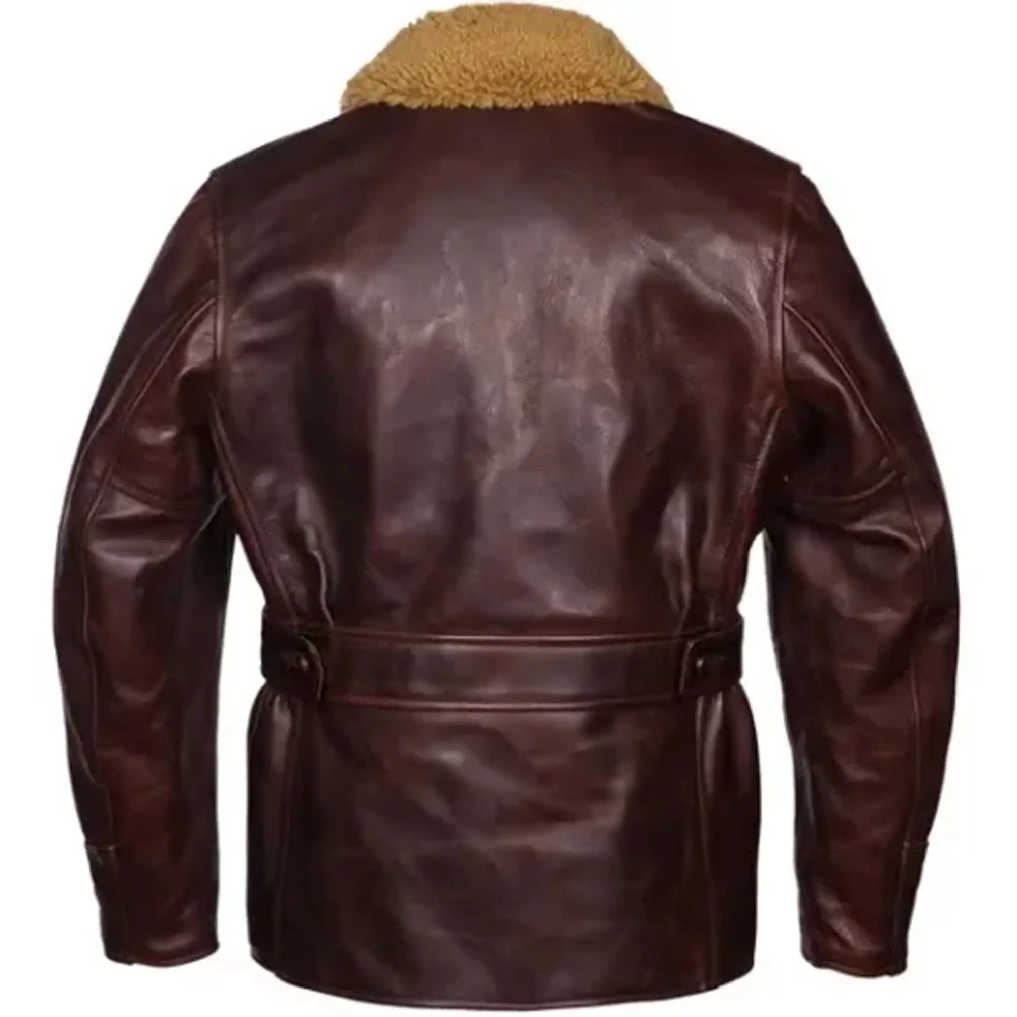 Men's belted shearling leather jacket Back view