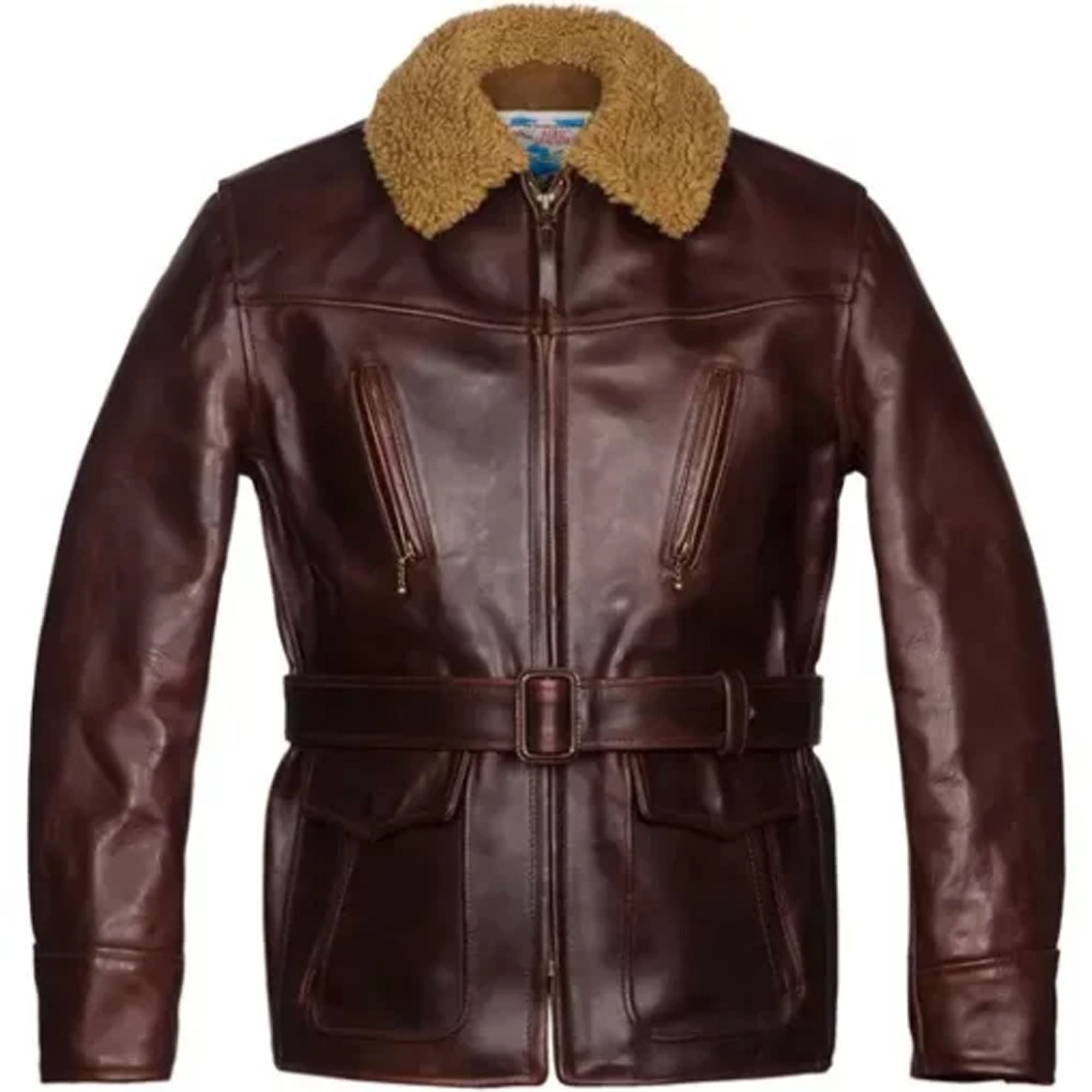 Men's belted shearling leather jacket front view