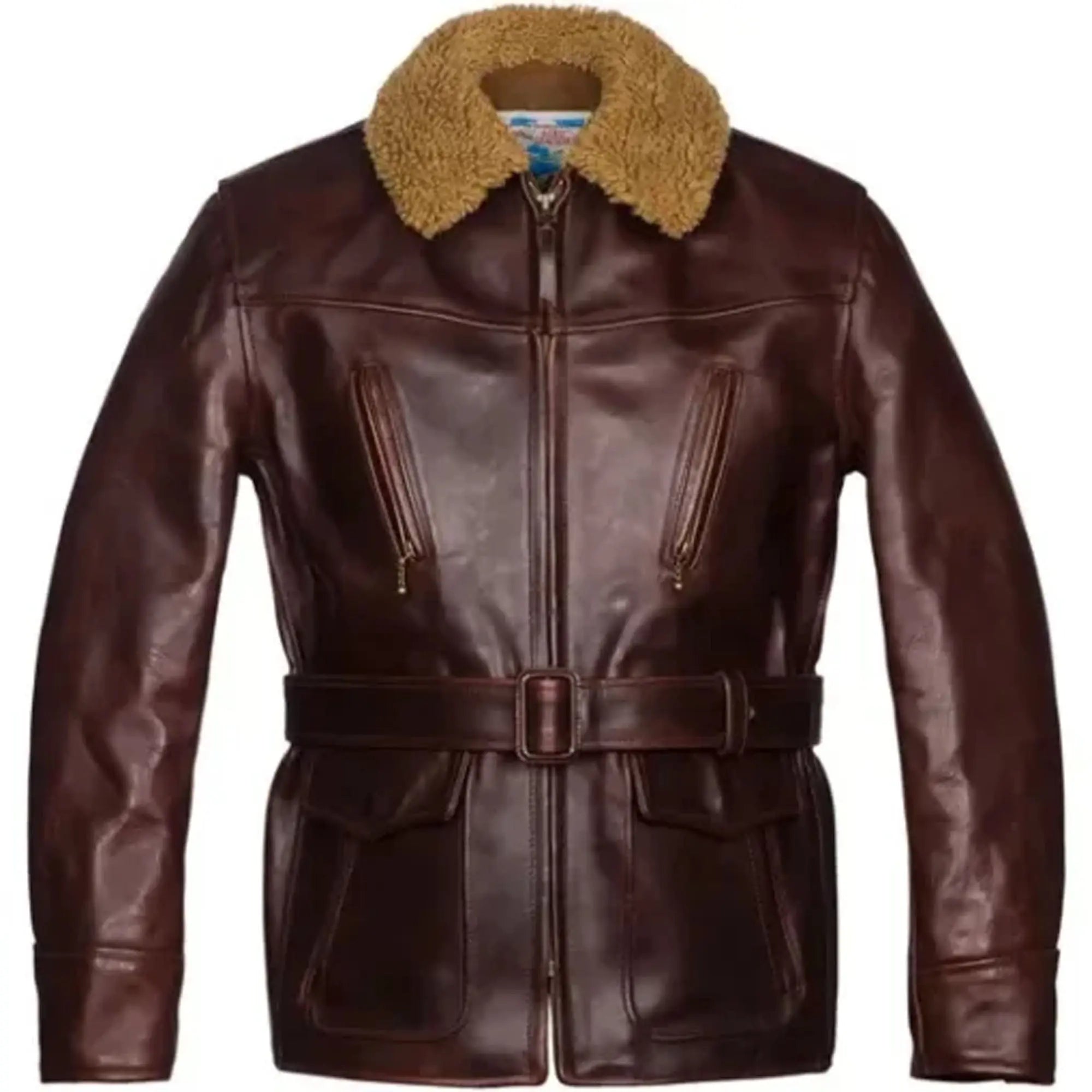 Men's belted shearling leather jacket front view