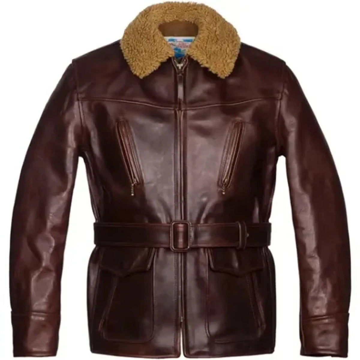 Men's belted shearling leather jacket front view