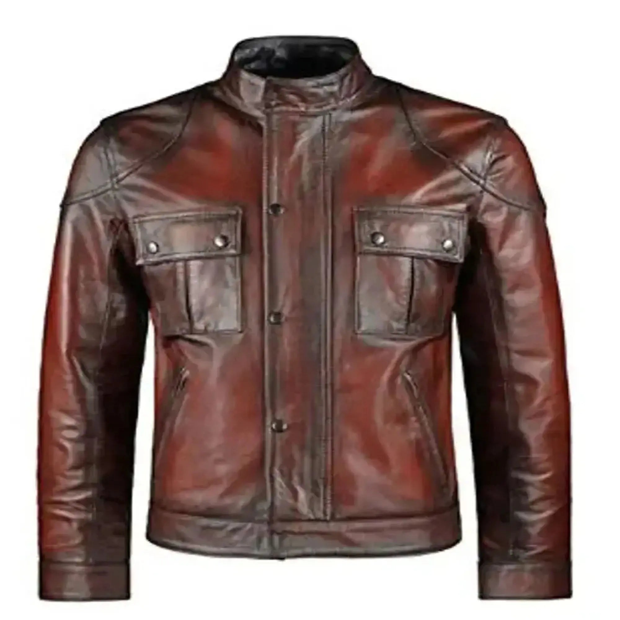 Men's cafe racer distressed leather jacket front biker view
