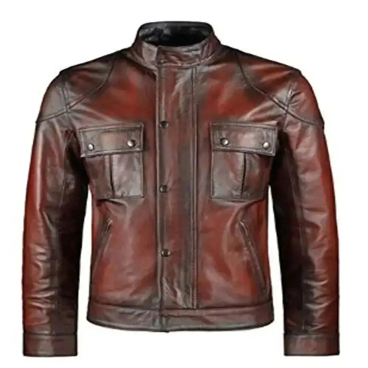 Men's cafe racer distressed leather jacket front biker view