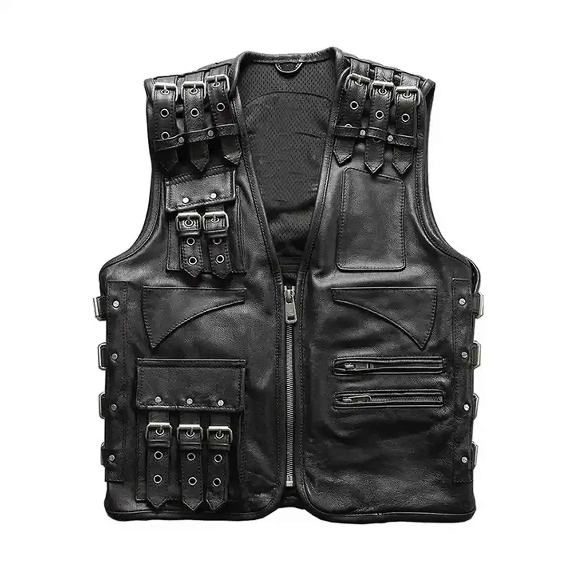 Men's designer leather biker vest front view