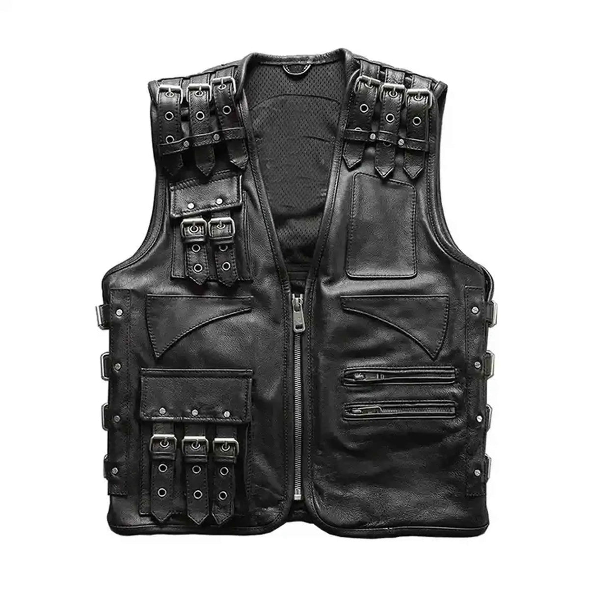 Men's designer leather biker vest front view