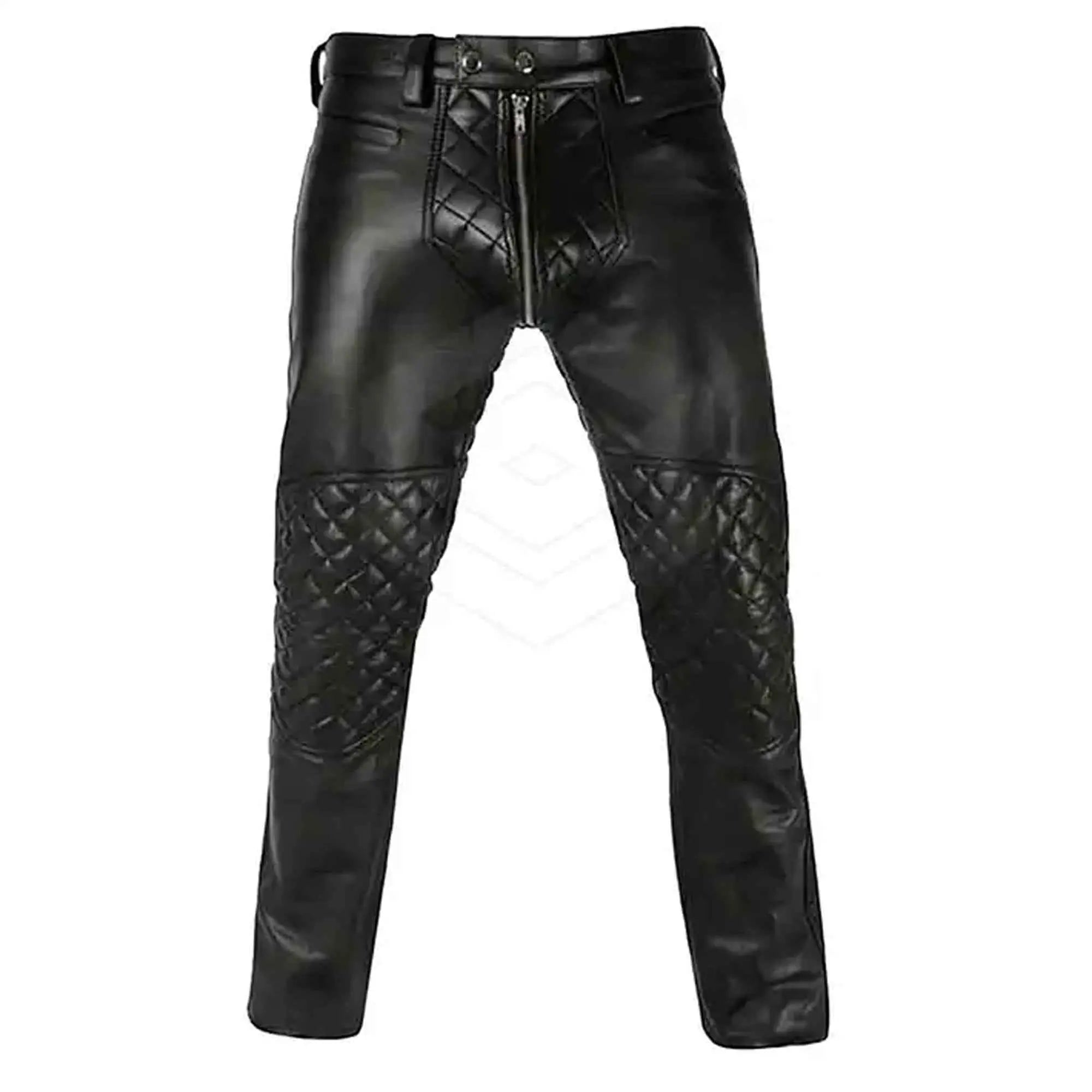 Men's genuine cowhide leather biker pants front view
