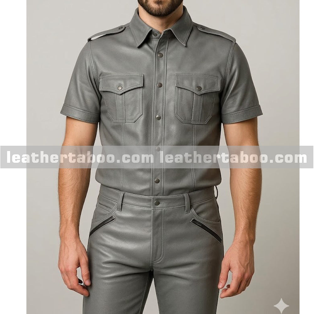Men’s handmade grey cowhide leather shirt and pants set with short sleeves, showcasing modern biker style and premium craftsmanship