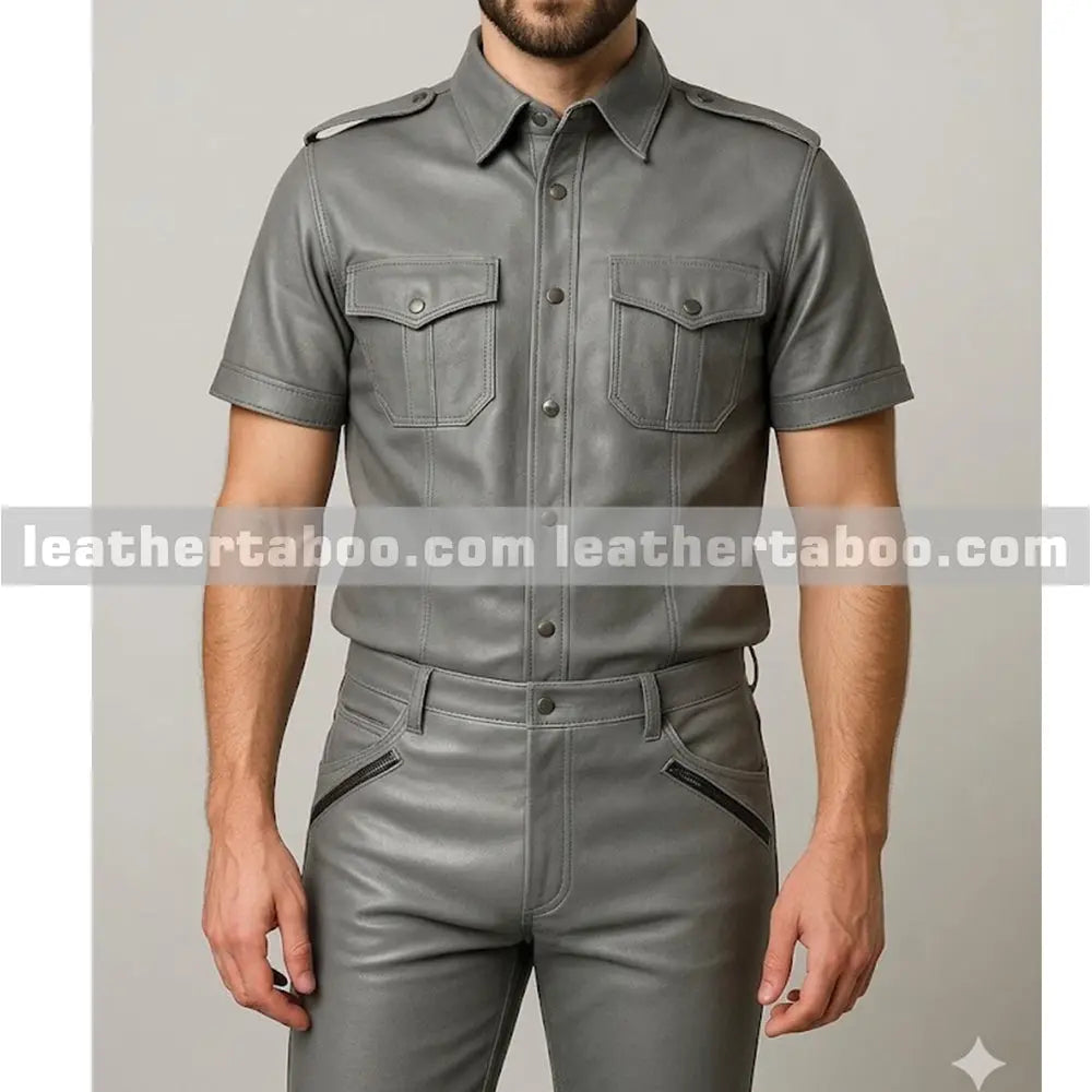 Men’s handmade grey cowhide leather shirt and pants set with short sleeves, showcasing modern biker style and premium craftsmanship