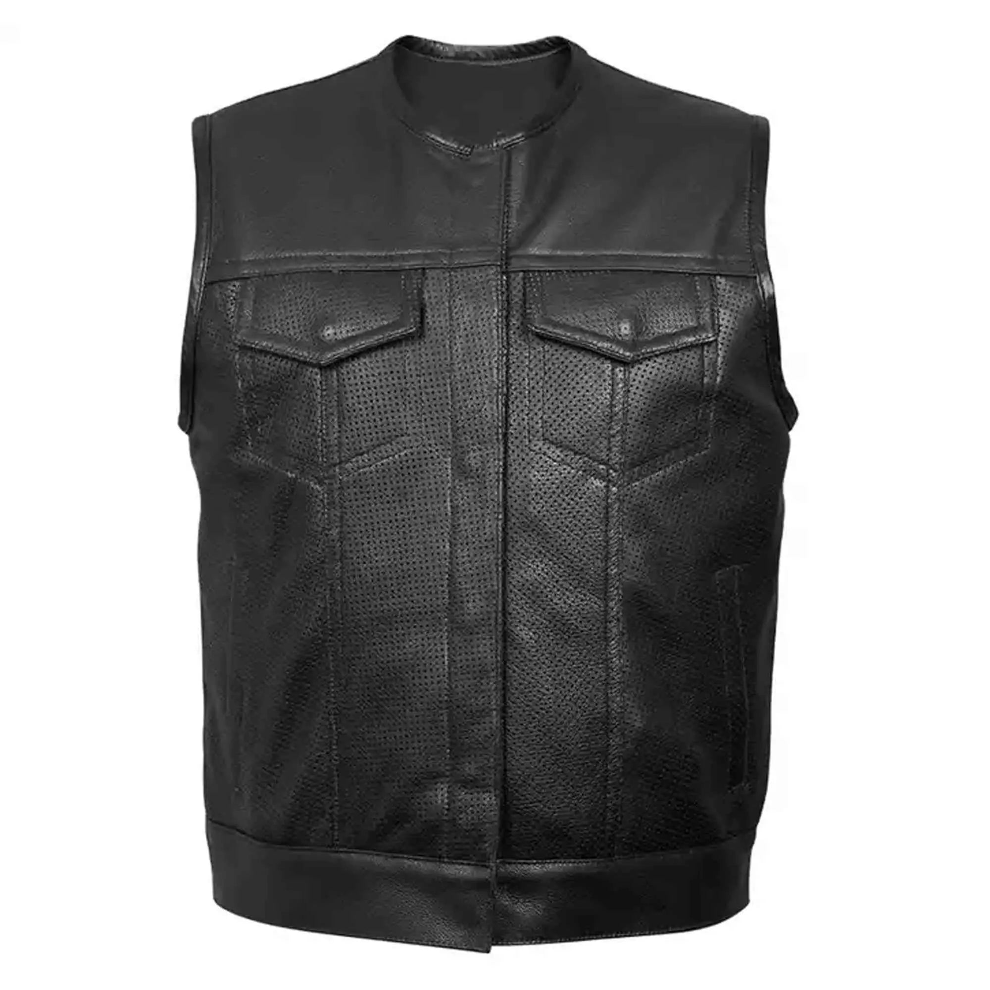 Men's leather biker vest with embroidery patches front