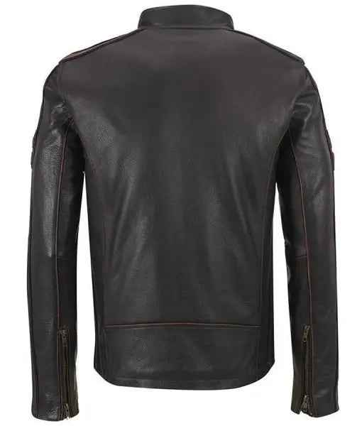 Men’s plain cowhide leather biker jacket Back view