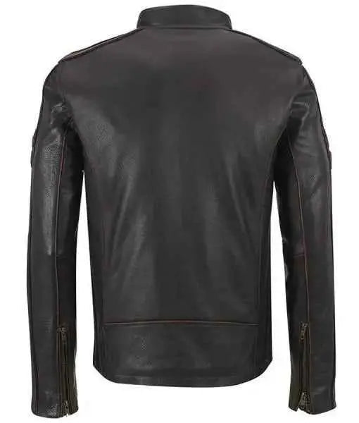 Menโs plain cowhide leather biker jacket Back view