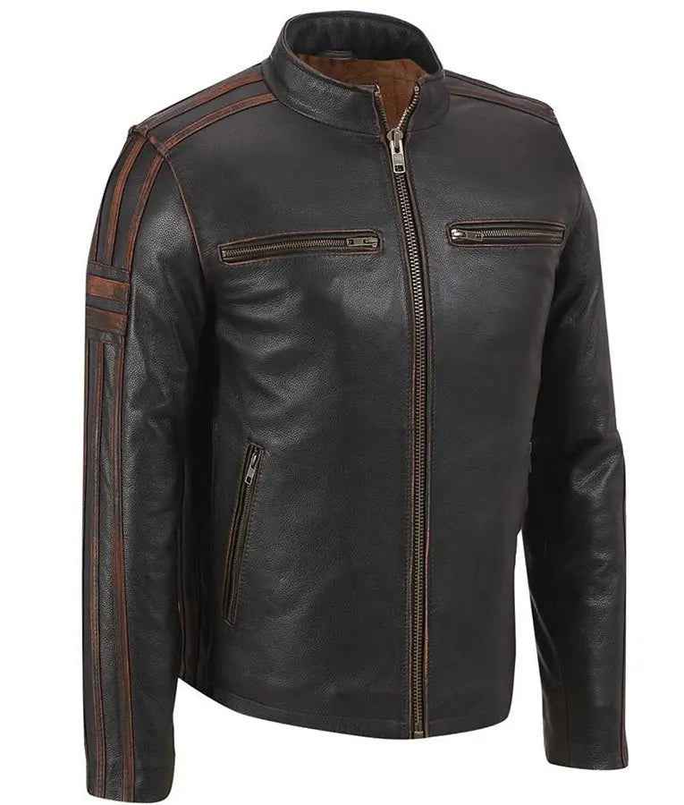 Menโs plain cowhide leather biker jacket front view