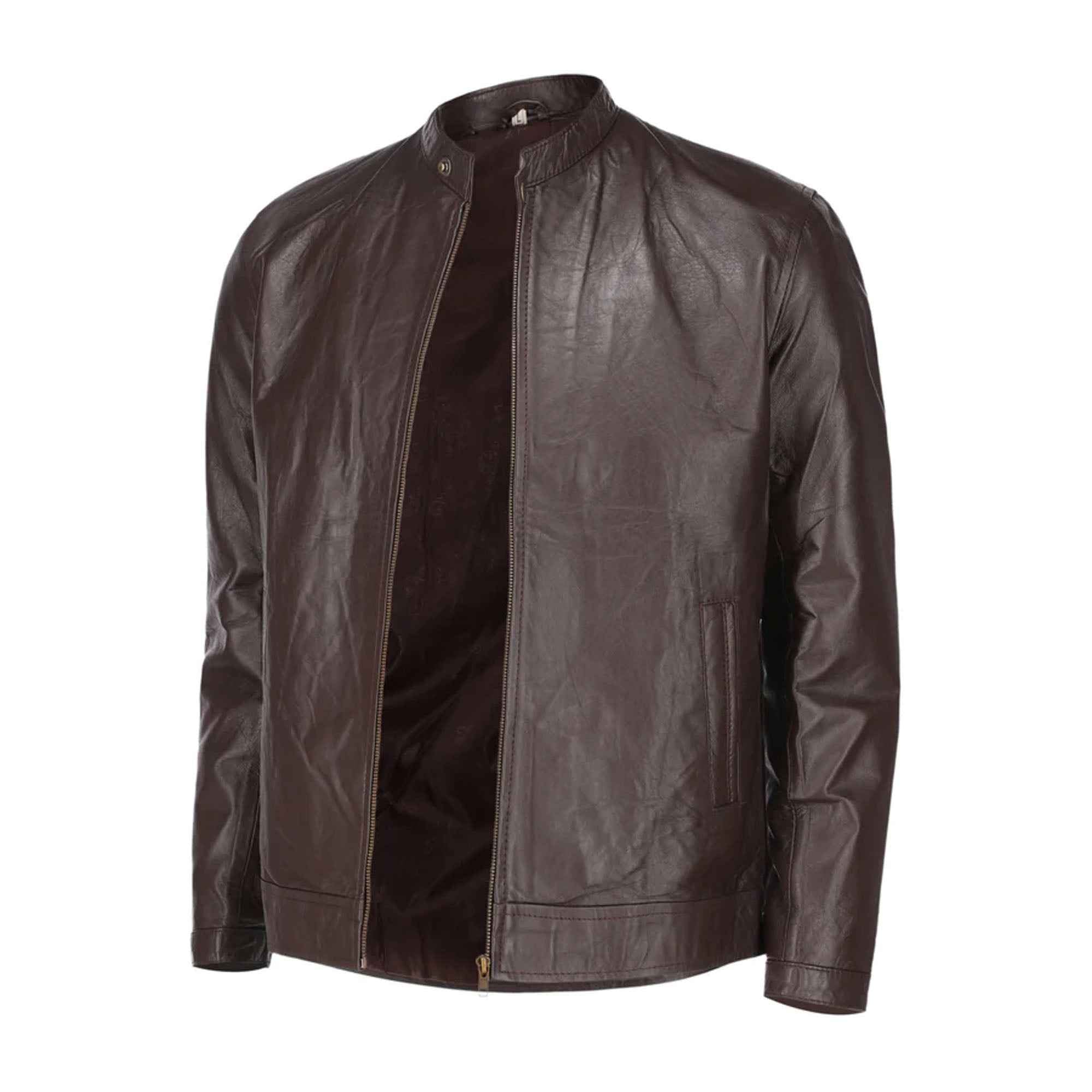 Men's pure brown sheepskin leather jacket front view