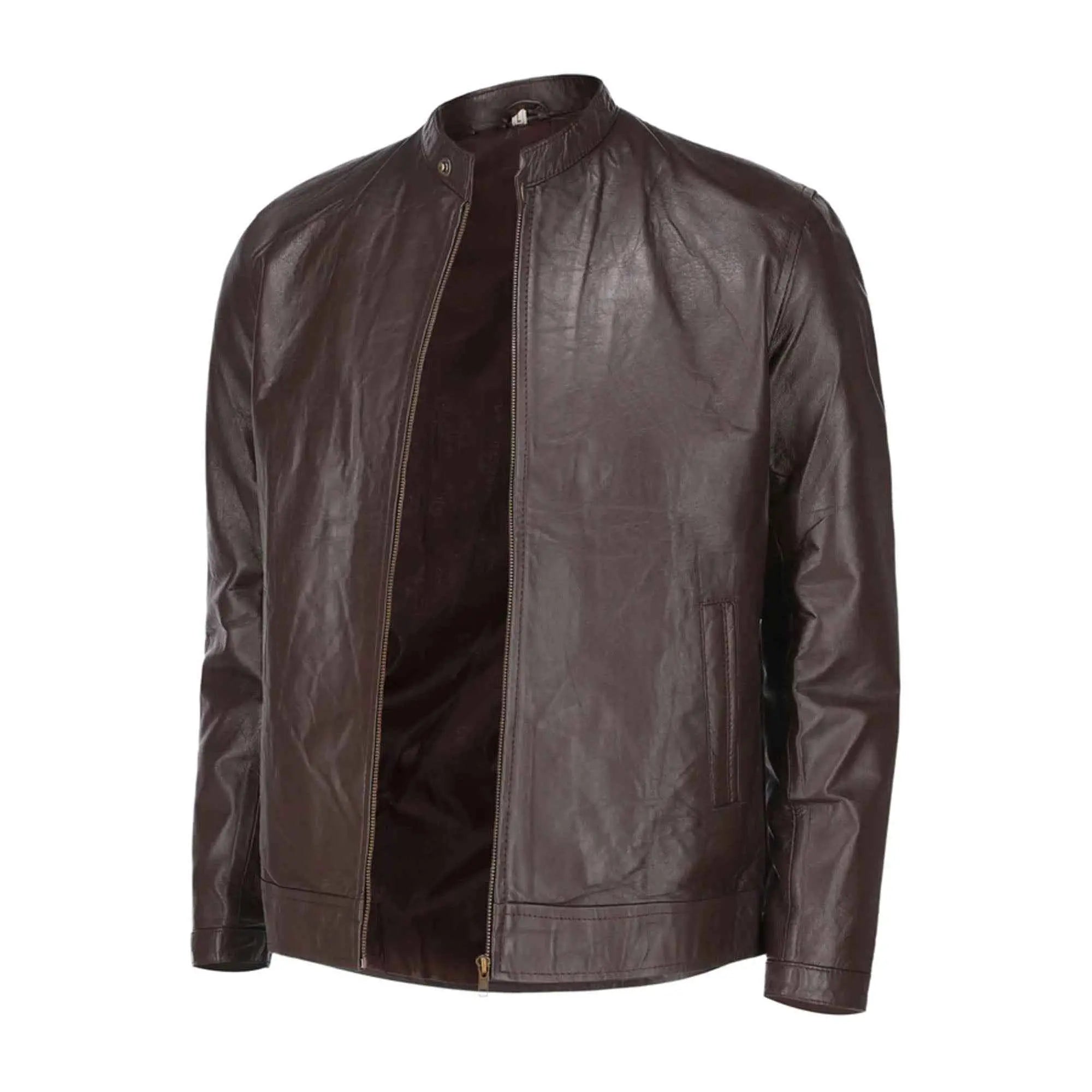 Men's pure brown sheepskin leather jacket front view