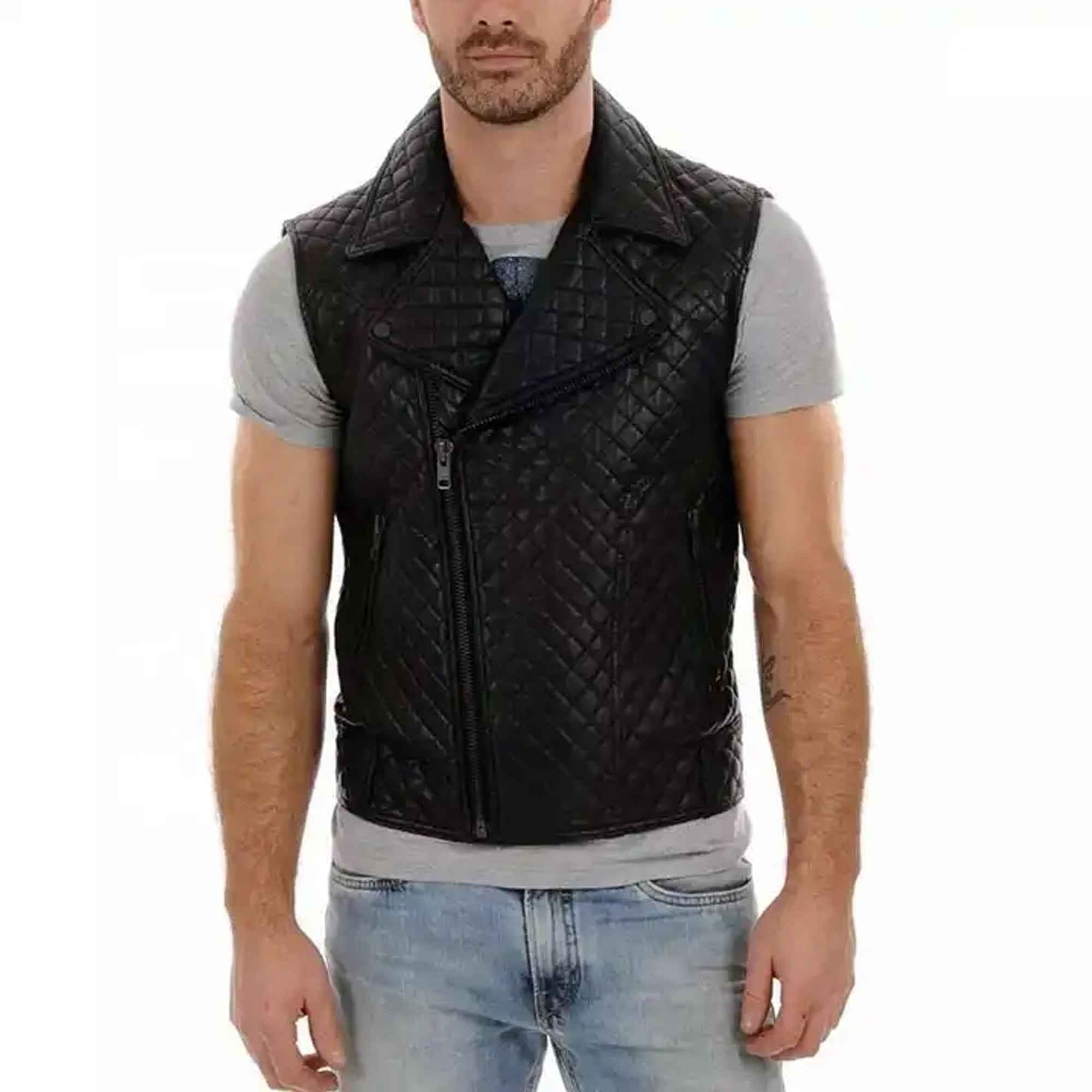 Men's sheep leather motorcycle vest front view