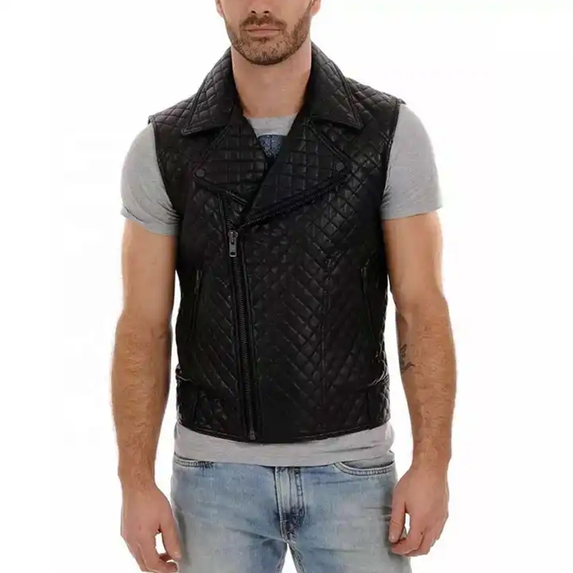 Men's sheep leather motorcycle vest front view