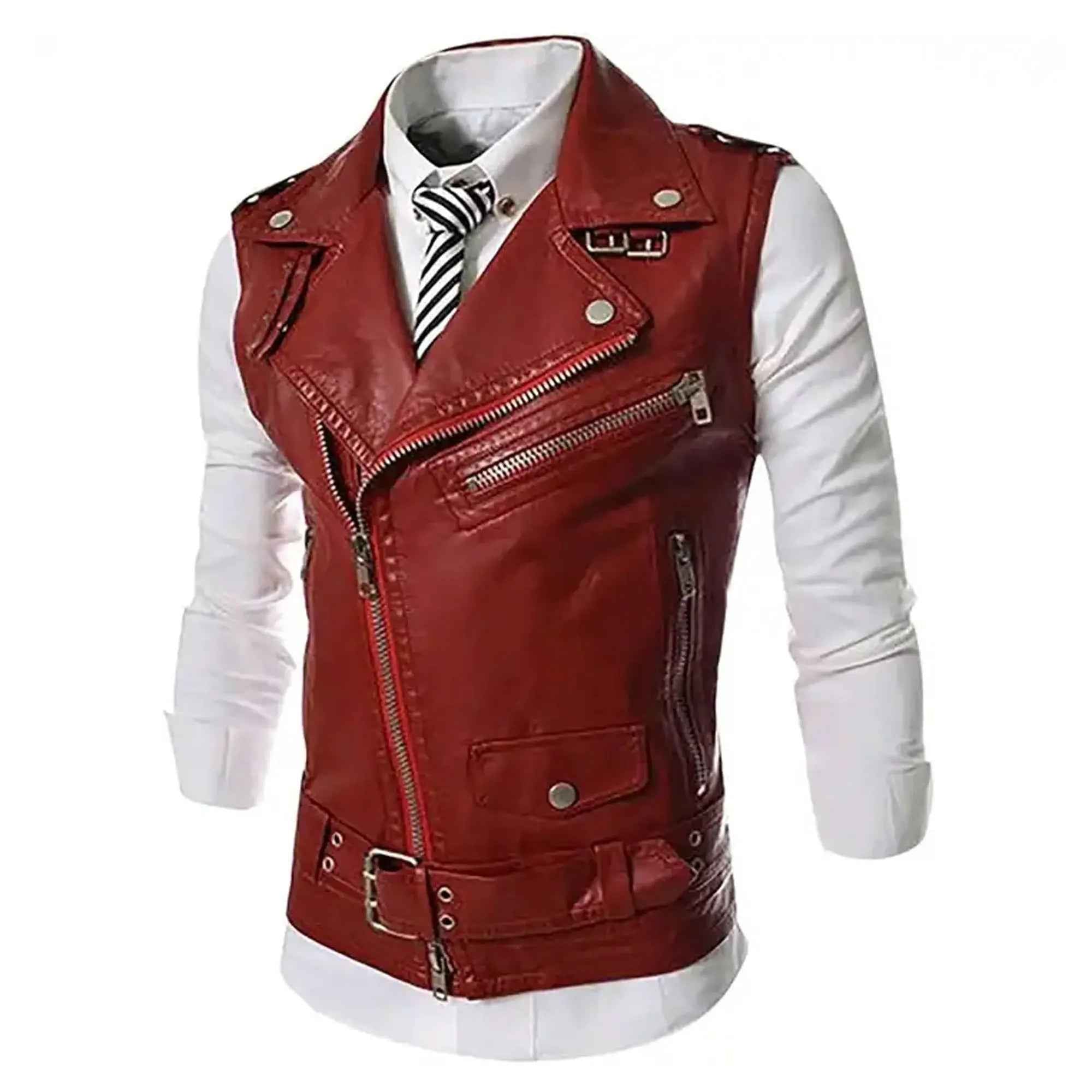 Men's sheep leather motorcycle vest with zipper front
