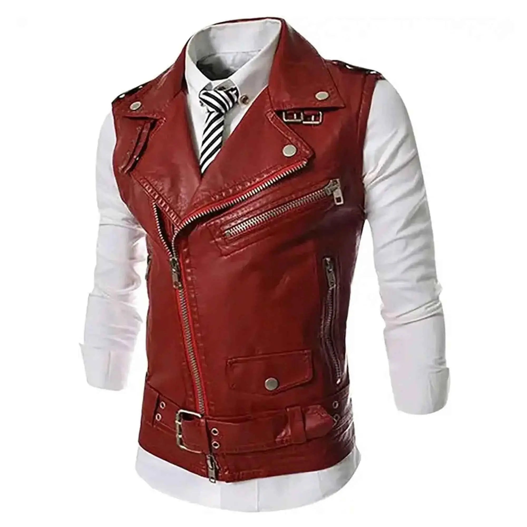 Men's sheep leather motorcycle vest with zipper front