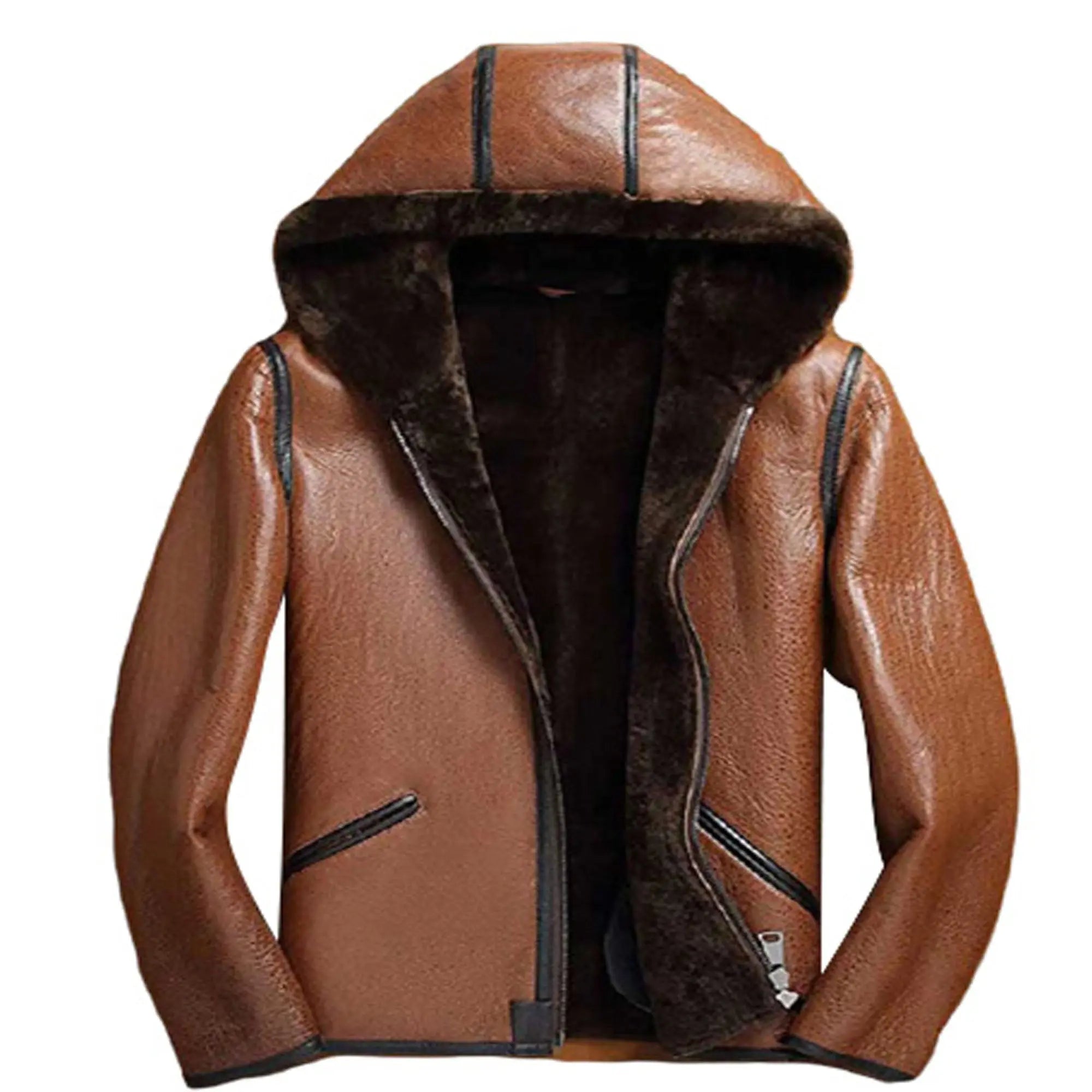 Men's sheepskin leather hooded jacket front winter style