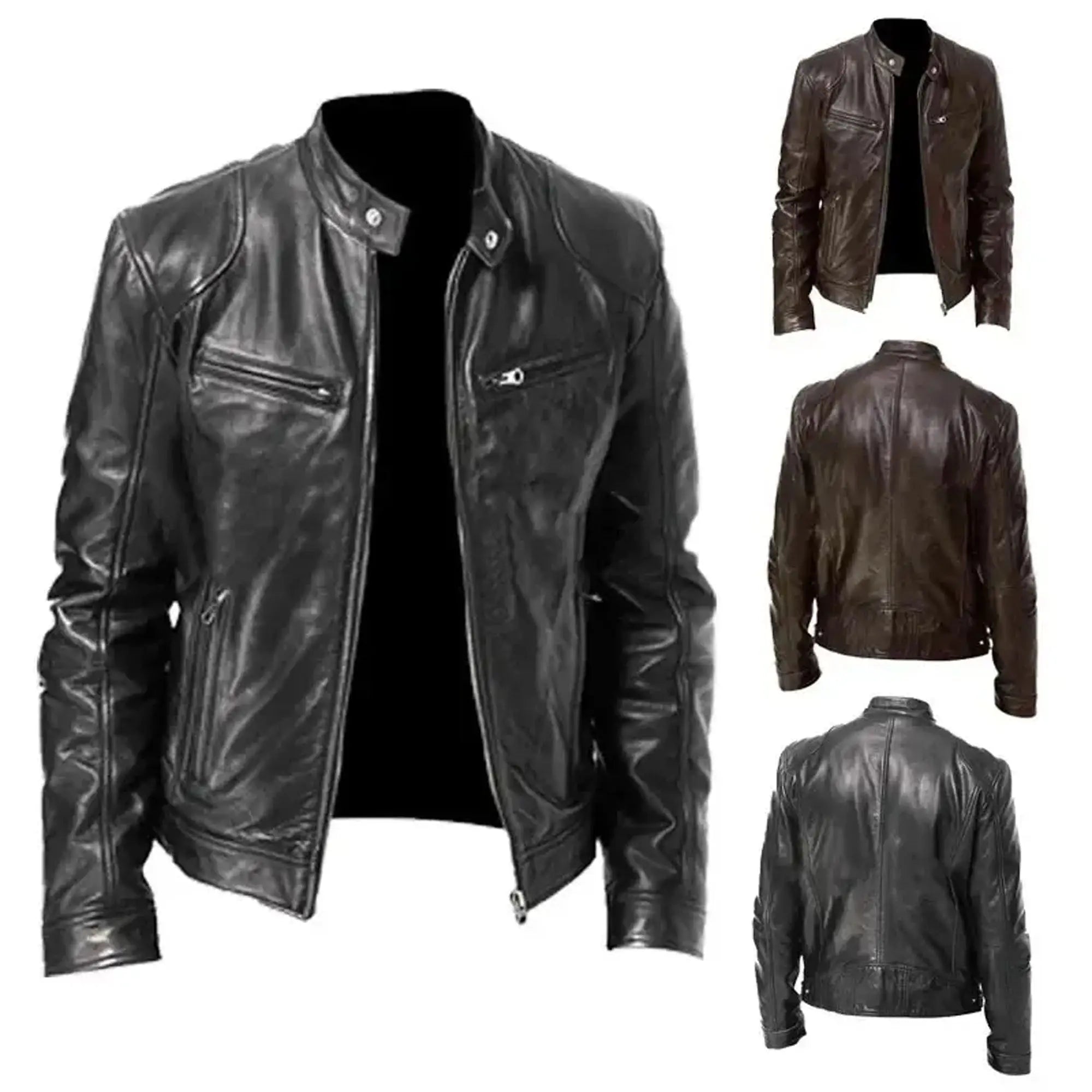Men slim fit motorcycle leather jacket front view HD style