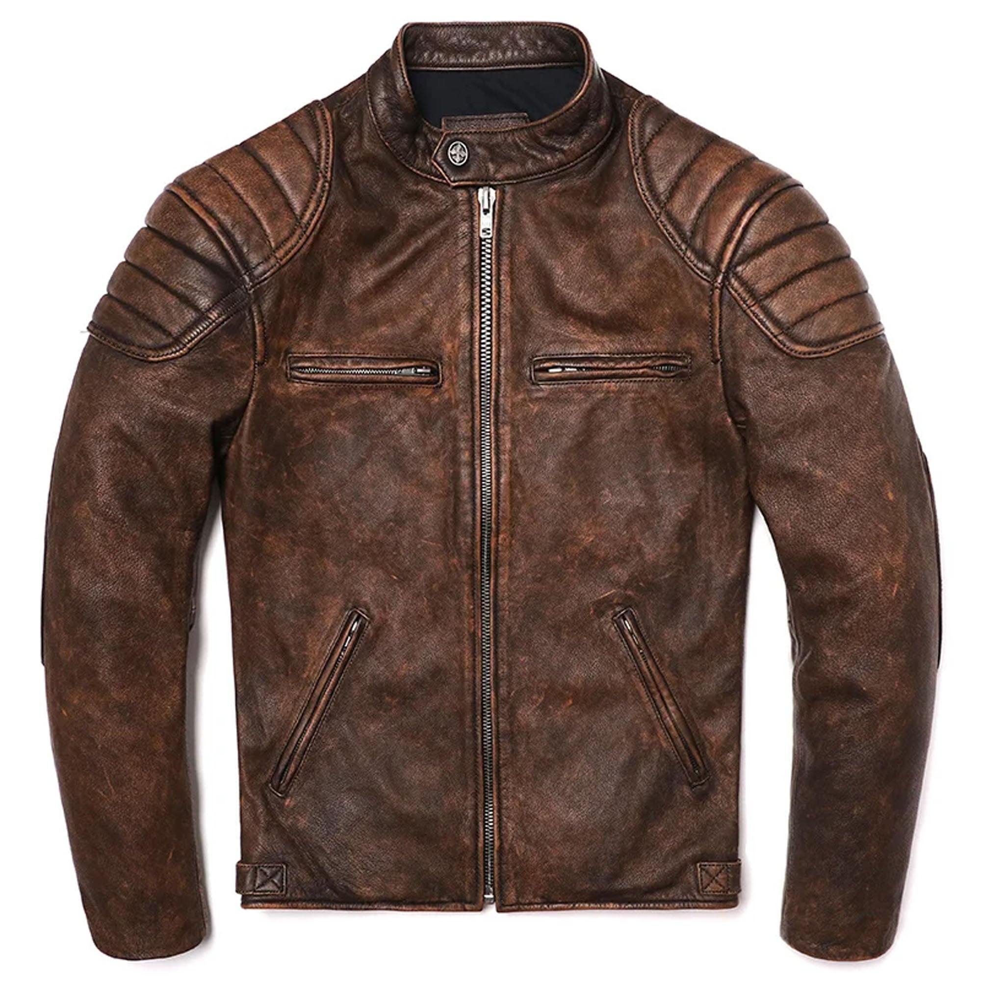 Men vintage brown leather cafe racer jacket front view HD