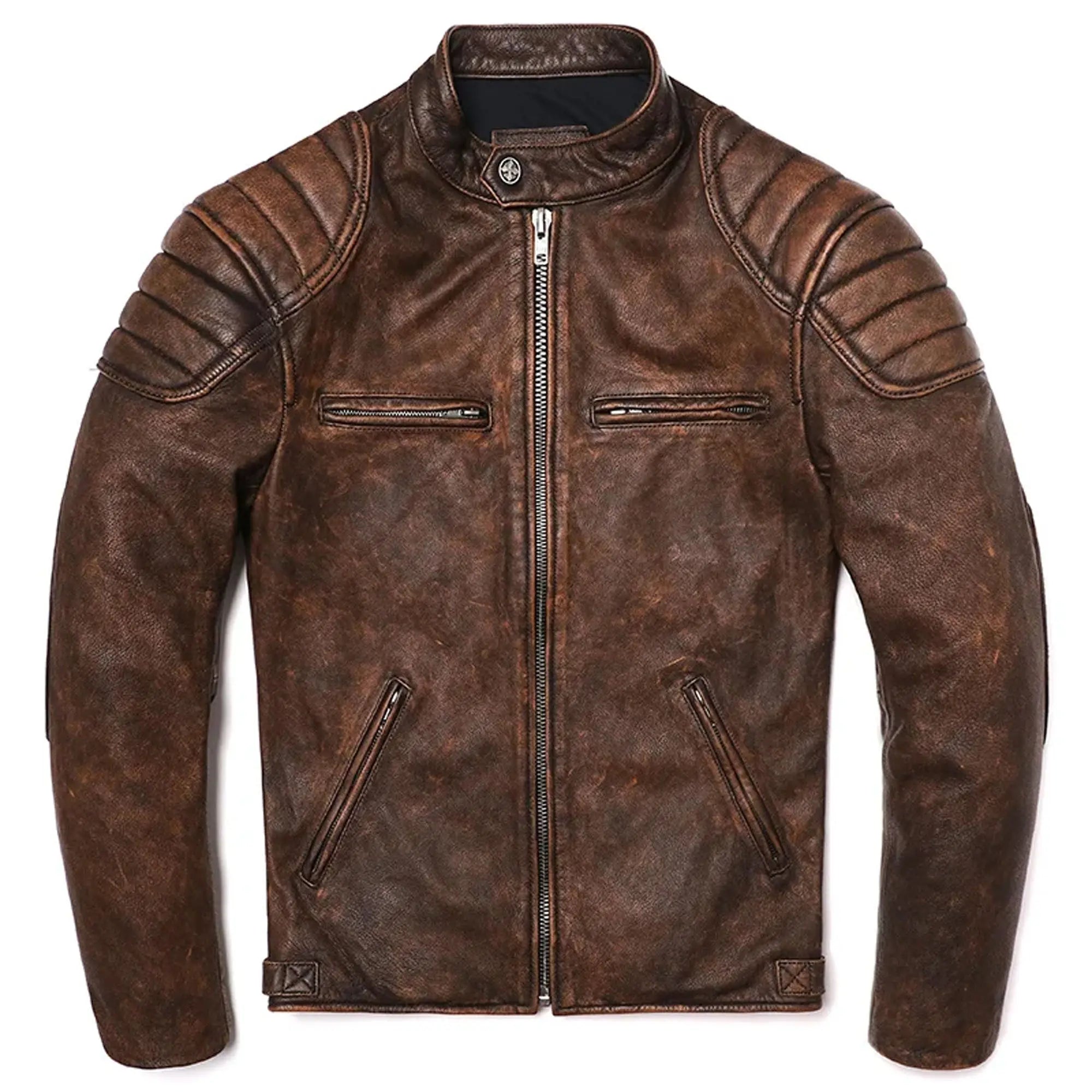 Men vintage brown leather cafe racer jacket front view HD