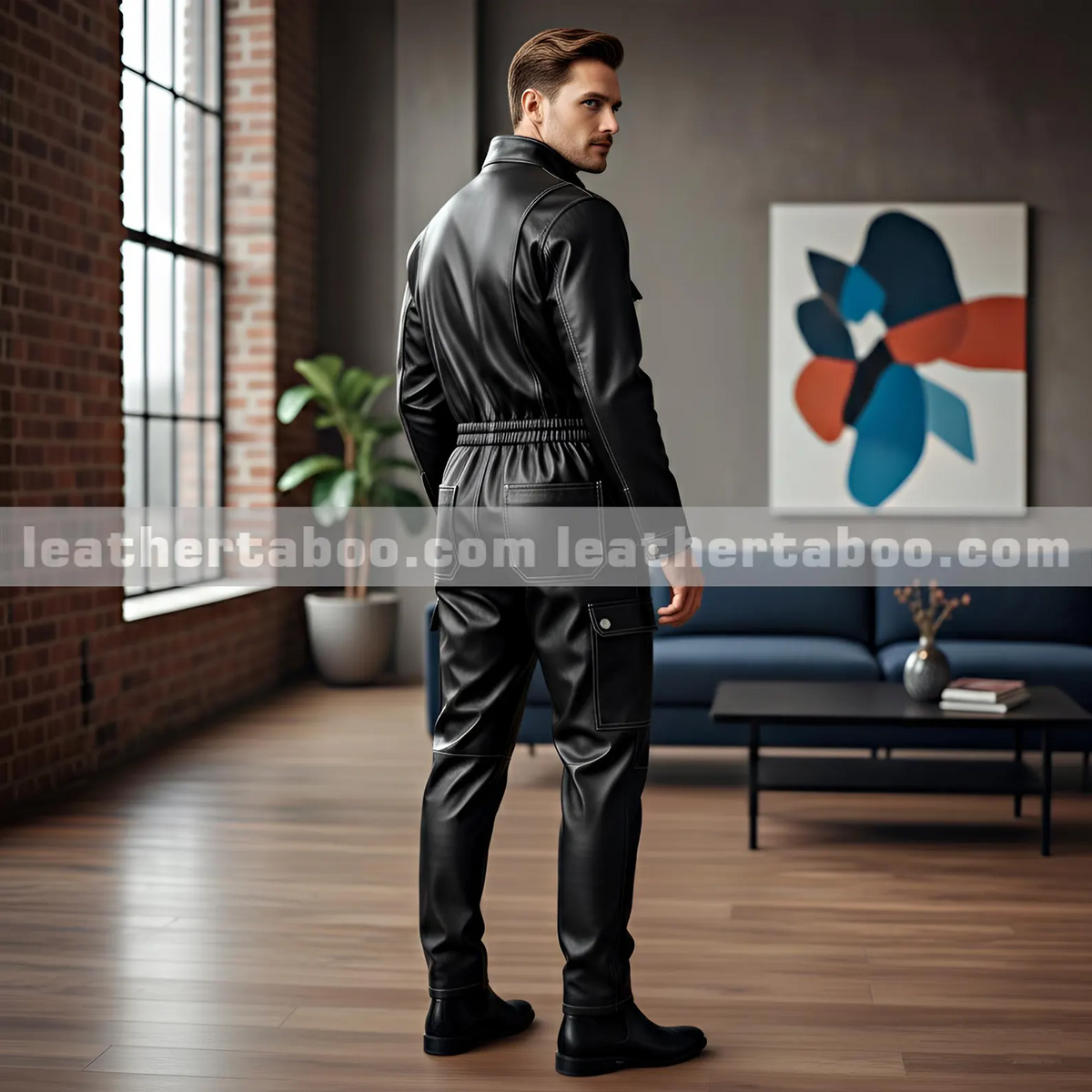 Rear view of men’s black cow leather jumpsuit showing stand collar, elastic waist, rear patch pockets and cargo pocket on a model.