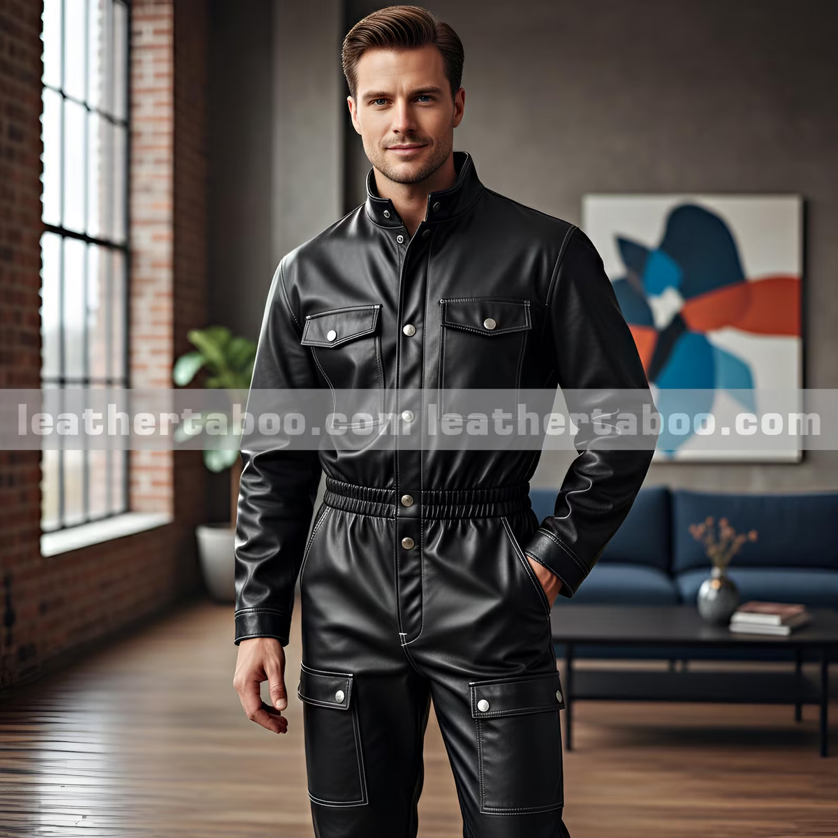 Men’s black cow leather jumpsuit front view with stand collar, snap chest pockets, elastic waist and cargo thigh pockets on a model.