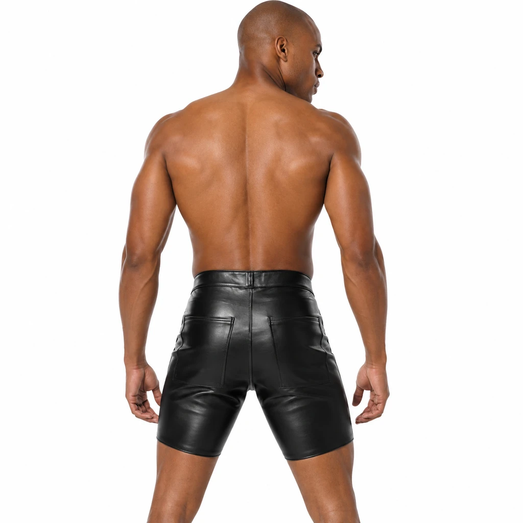 Rear view of men's black genuine leather biker shorts showing two patch pockets, a covered seat, central seam and above-knee leg length.