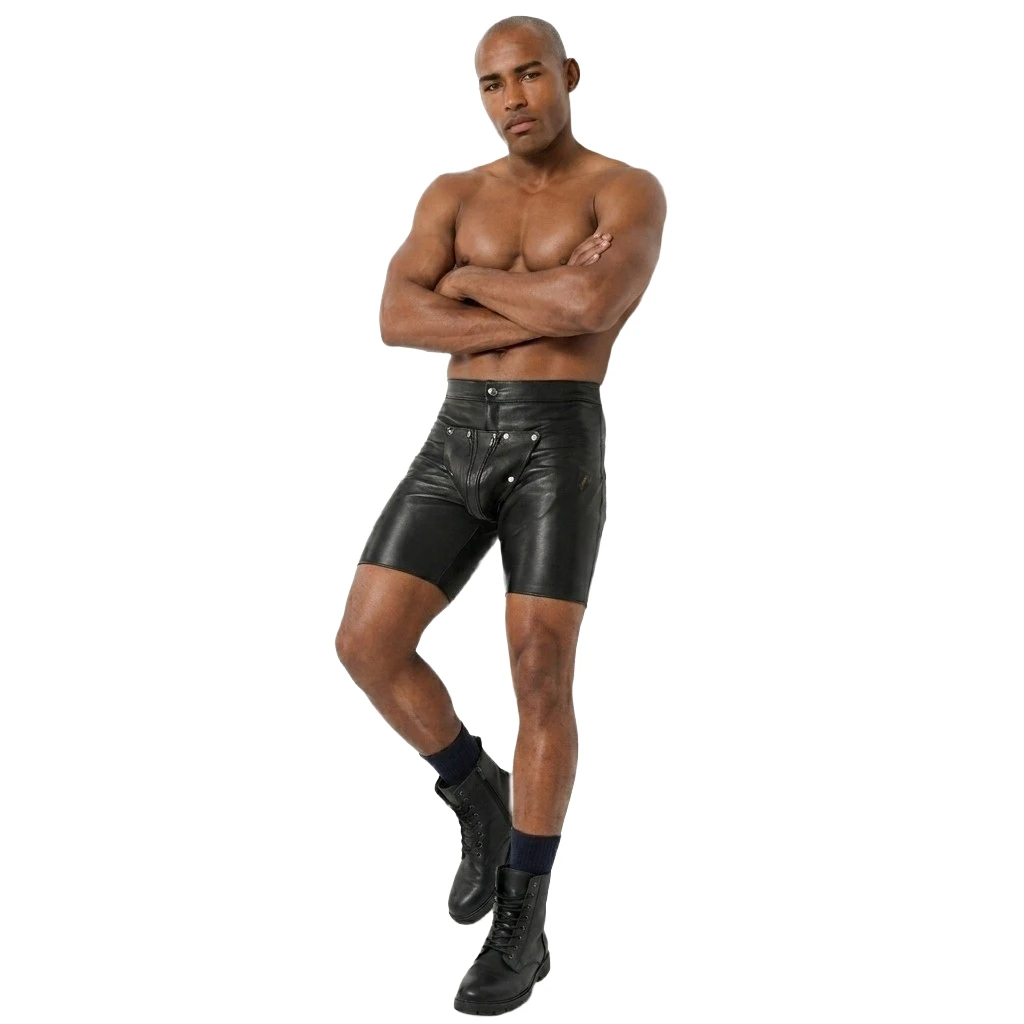 Front view of men's black genuine leather biker shorts showing the short leg cut, fitted silhouette and metal snaps on the front panel.