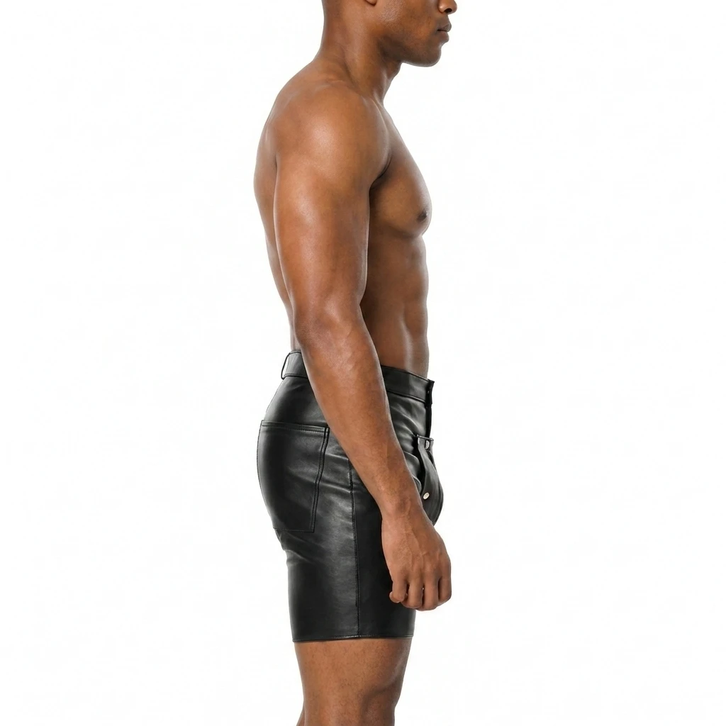 Side view of men's black genuine leather biker shorts showing the smooth leg panel, broad waistband, stitched hem and rear patch pocket.