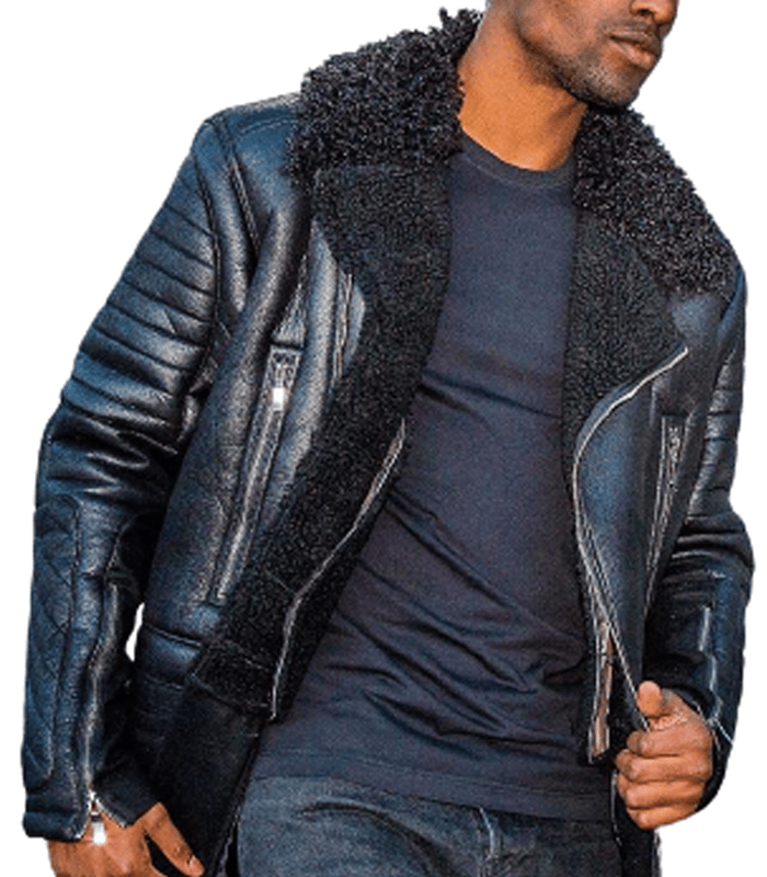 Men's black leather biker jacket, front model view, showing a broad plush collar, asymmetric zipper, and contrasting quilted sleeve panels.