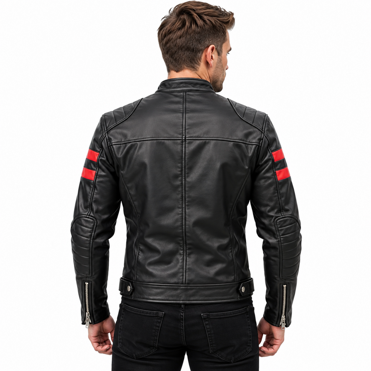 Rear view of men’s black leather jacket with red sleeve stripes, stitched shoulder and elbow panels, zip cuffs and side waist tabs.